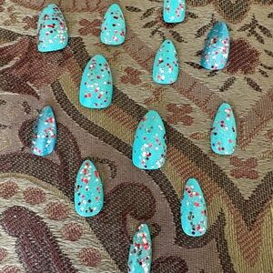 Aqua and Red Glitter Press-On Nails